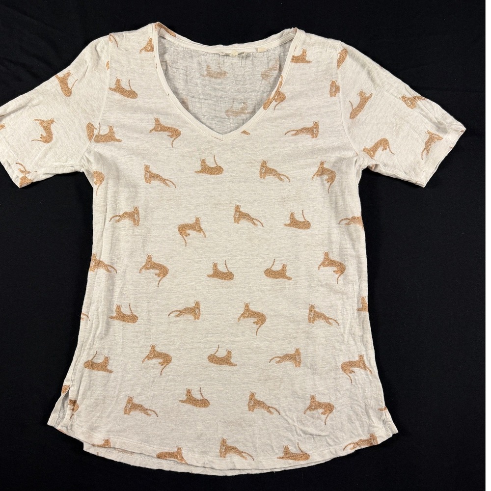 Fat Face Womens Gold Metallic Cheetah Print V-Neck T-Shirt Cream Size 4